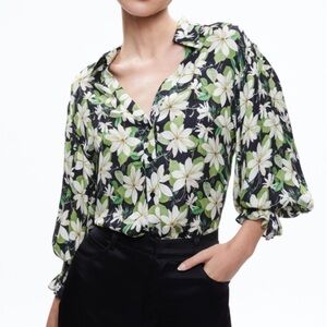 Alice + Olivia Green and Cream Long Sleeve Button Down Shirt